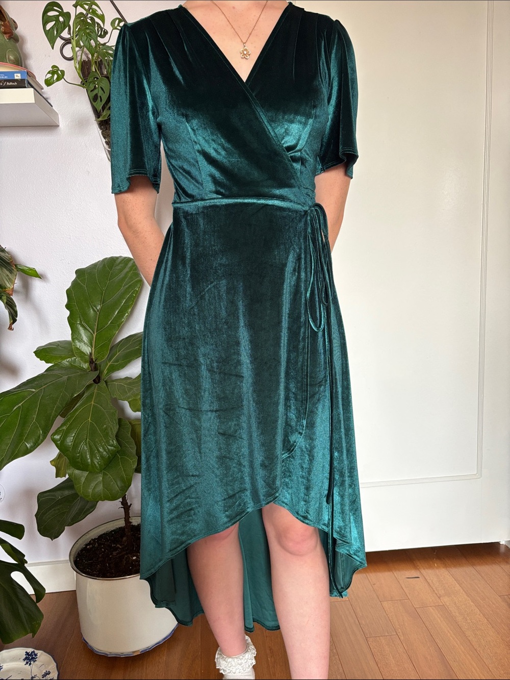 Lulu's Emerald Green Velvet Wrap High-Low Dress